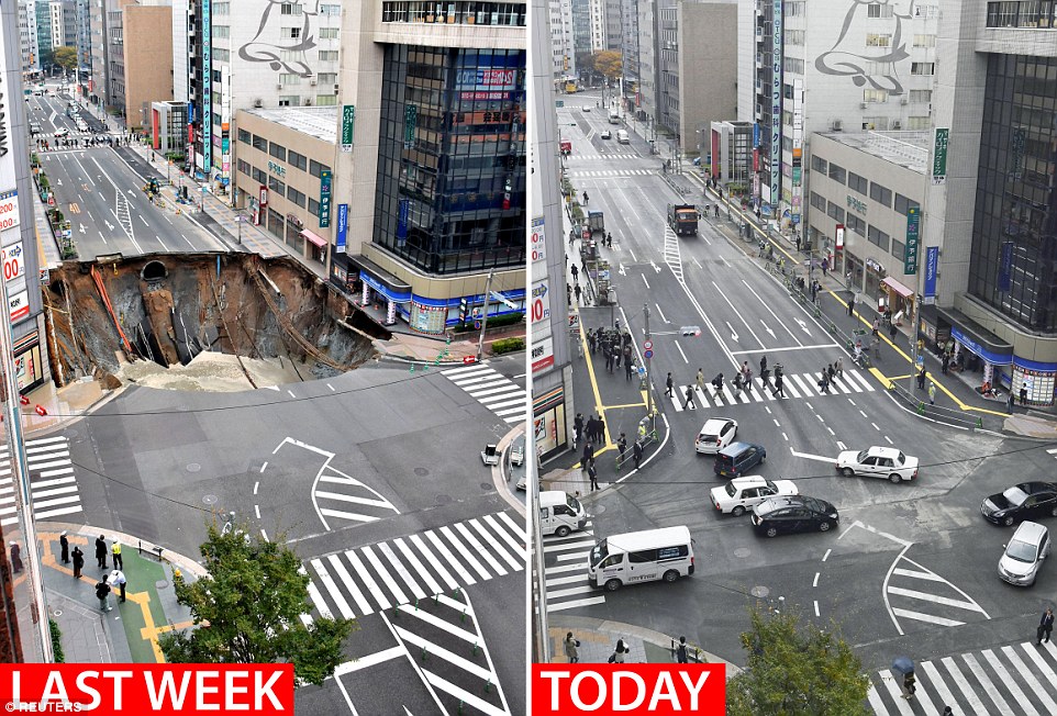 Japan Fixes Massive Sink Hole On A Busy Road In Just Week